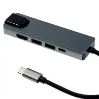 Type-C-разветвитель (HUB), HDMI/USB3.0/USB3.0/RJ45/PD, 60 ВТ, 3 А, кабель 13.5 см, серый