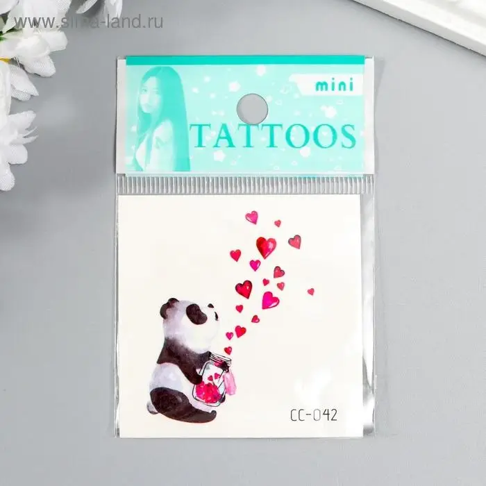 Татуировка на тело цветная Татуировка на тело цветная "Панда с баночкой с сердцами" 6х6 см