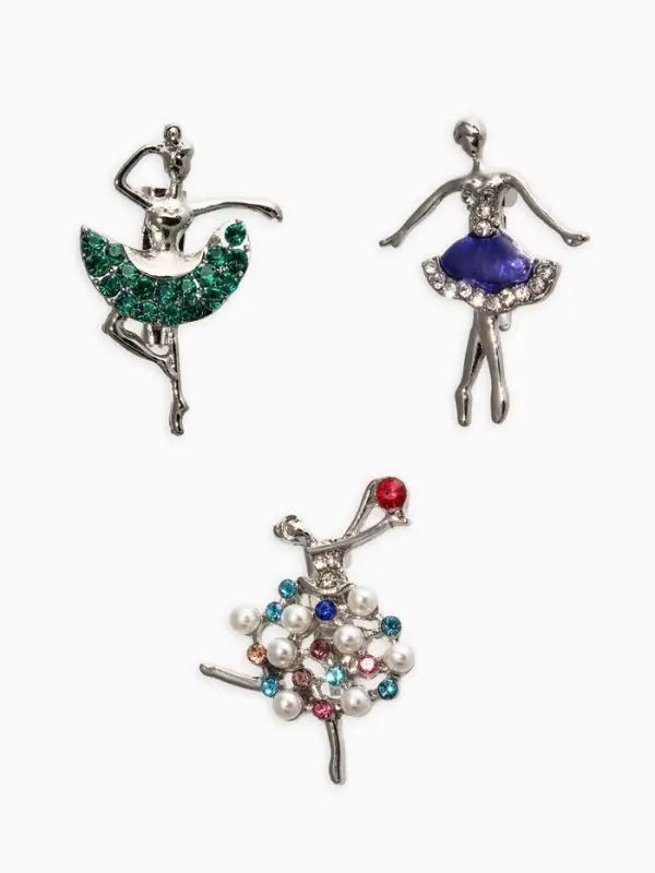 Броши "Балеринки" (набор 3шт), цвет микс в серебре