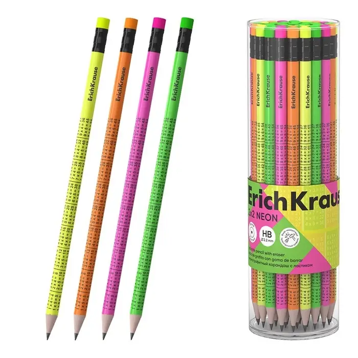 Карандаш чернографитный ErichKrause Neon, круглый, с ластиком, HB, в тубусе, МИКС