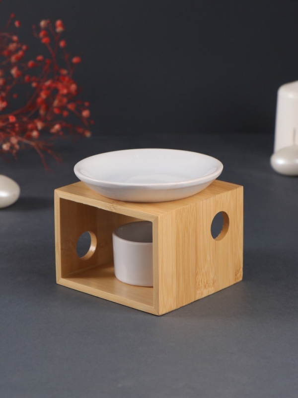 Аромалампа бамбук, керамика с подставкой под свечу "Строгие линии" белая 9,8х9,8х8 см