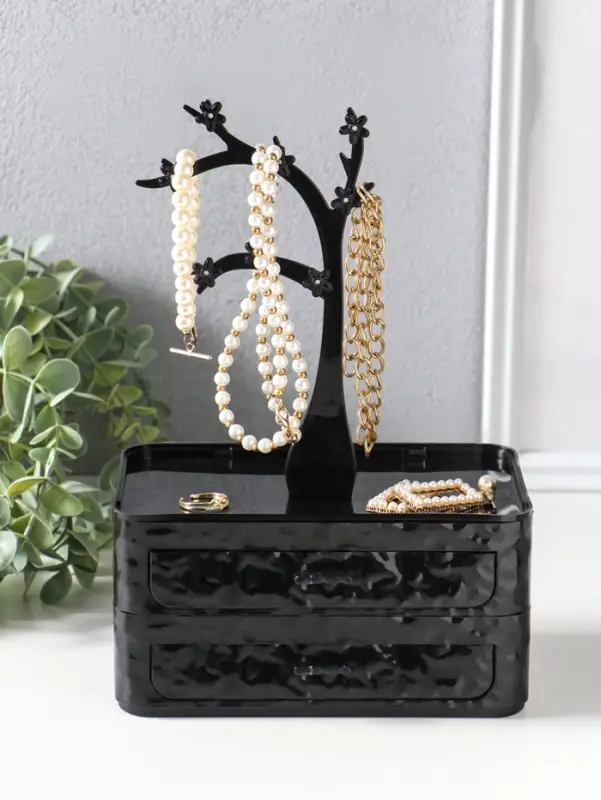 Шкатулка универсальная  "Цветущее дерево", 2 яруса,  17,2х10,5х24 см,  цвет чёрный