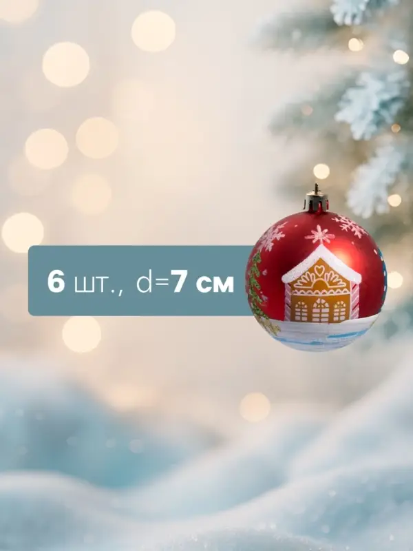 Ёлочные шары &laquo;Домик&raquo;, d=7 см, набор 6 шт., красные