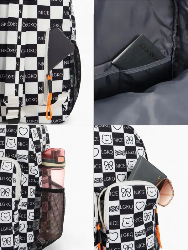 Рюкзак школьный на молнии, с карманами, в клетку, размер 30&times;14&times;43 см, чёрный