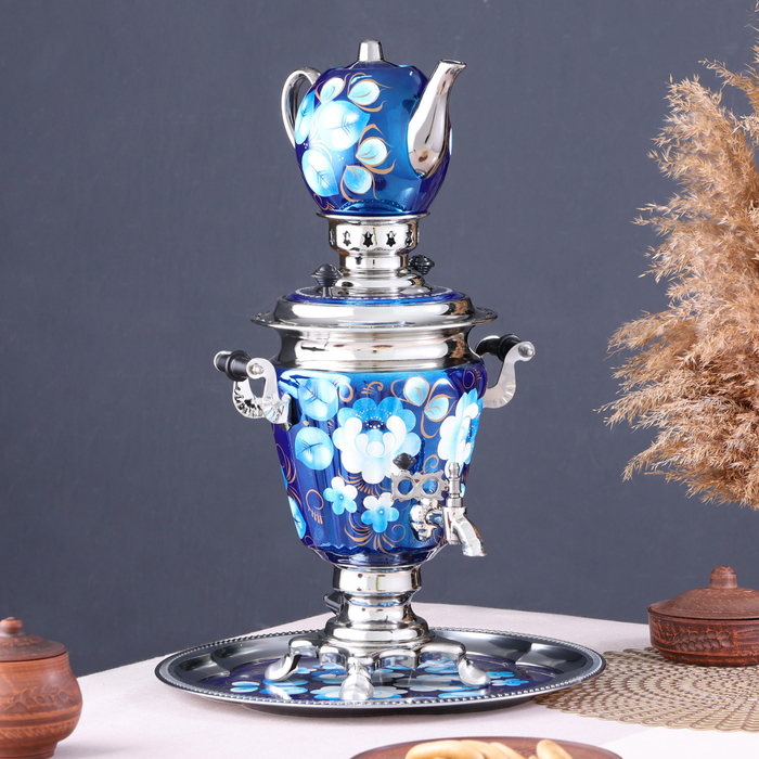 Набор «Жостово на синем», рюмка, 3 предмета, самовар 3 л, заварочный чайник 0,7 л, поднос Набор «Жостово на синем», рюмка, 3 предмета, самовар 3 л, заварочный чайник 0,7 л, поднос