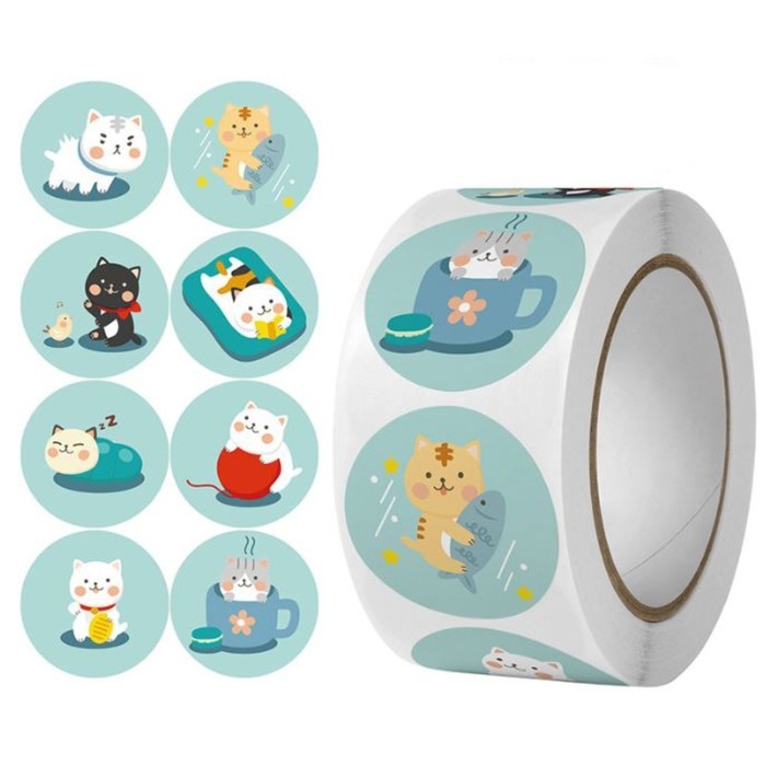 Наклейка бумага Наклейка бумага "Будни котиков" d=2,5 см 500 шт в рулоне 3х6,5х6,5 см