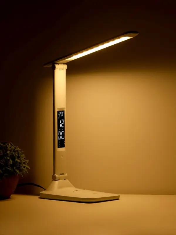 Лампа настольная светодиодная, часы, календарь, термометр, 3 режима, USB, 12&times;17&times;34 см, белая