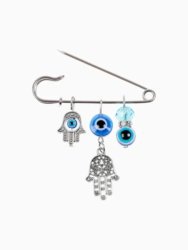 Булавка-оберег 3 подвески &laquo;Рука Хамса с бусиной&raquo;, 5 см, синяя в серебре