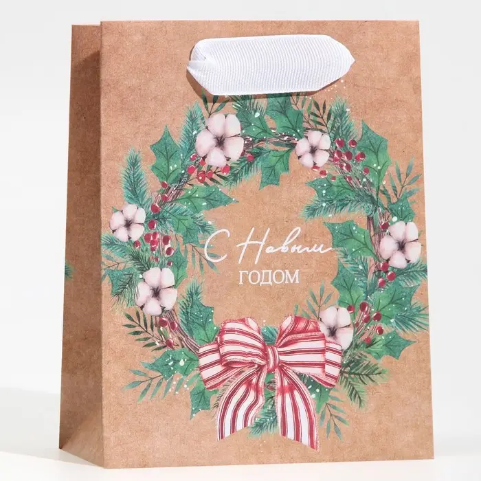 Пакет крафтовый вертикальный «Новогодний венок», S 12 х 15 х 5.5 см Пакет крафтовый вертикальный «Новогодний венок», S 12 х 15 х 5.5 см