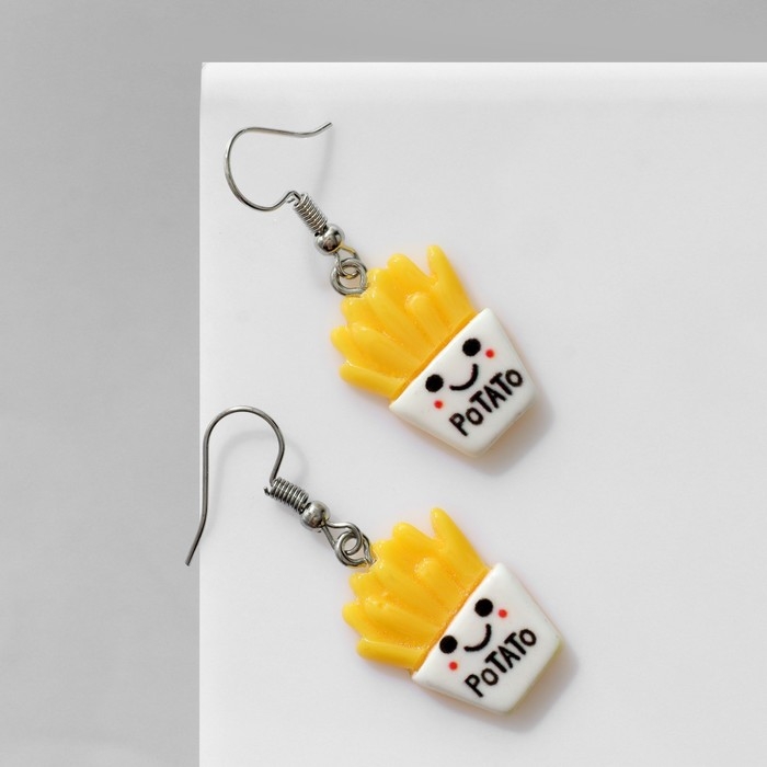 Серьги пластик «Фри» картошка, цветные в серебре