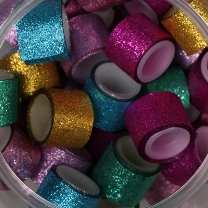 Клейкая лента пластик в банке  Клейкая лента пластик в банке "Шайн. Микс" н-р 40 шт 1,2 см, дл. 0,9 м 7х7х9 см