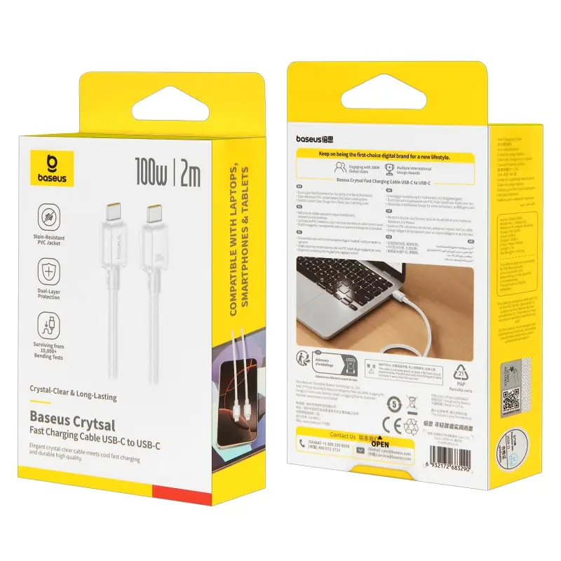 Кабель Type-C на Type-C 100W 2m Baseus Crystal Fast Charging белый A10383100211-01 Кабель Type-C на Type-C 100W 2m Baseus Crystal Fast Charging белый A10383100211-01