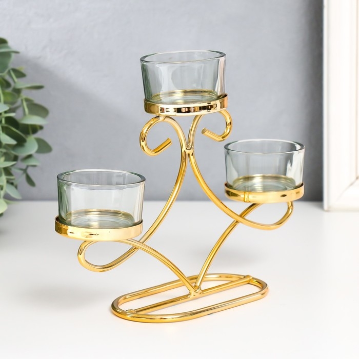 Подсвечник металл, стекло на 3 свечи Подсвечник металл, стекло на 3 свечи "Витки" d-4,5 см золото 20х5,5х13 см