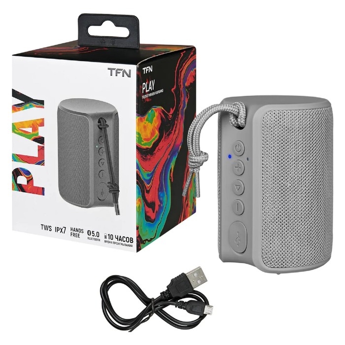 Портативная колонка TFN Play, 5 Вт, microUSB, IPX7, 1800 мАч, серая Портативная колонка TFN Play, 5 Вт, microUSB, IPX7, 1800 мАч, серая