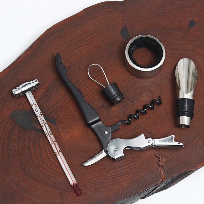 Подарочный винный набор: штопор для вина, аэратор, каплеуловитель, термометр «Для открытий» Подарочный винный набор: штопор для вина, аэратор, каплеуловитель, термометр «Для открытий»