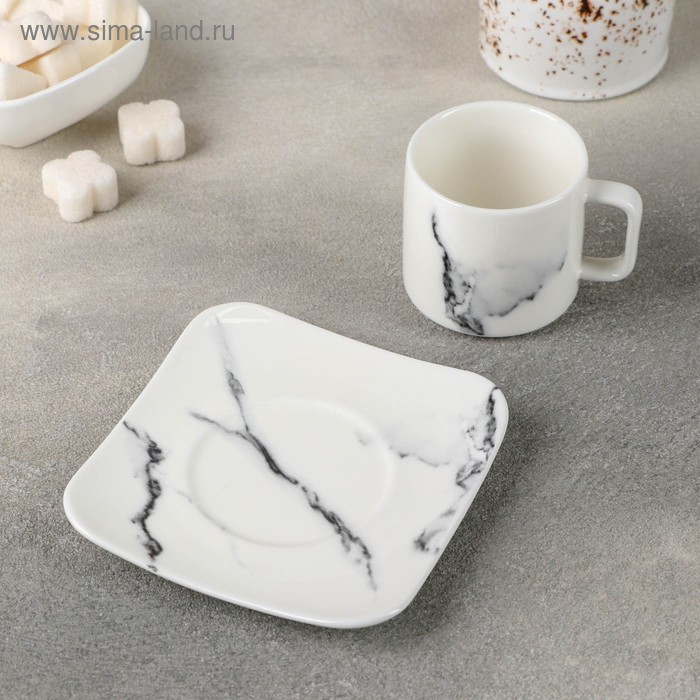 Кофейная пара фарфоровая «Мрамор», 2 предмета: чашка 90 мл, блюдце d=11,2 см, цвет белый Кофейная пара фарфоровая «Мрамор», 2 предмета: чашка 90 мл, блюдце d=11,2 см, цвет белый
