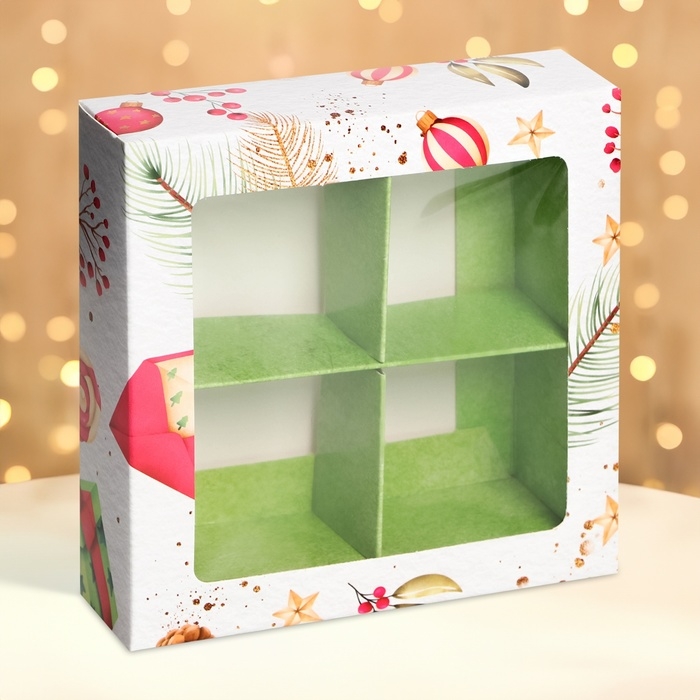 Новый год. Коробка под 4 конфеты Новый год. Коробка под 4 конфеты "Новогодние подарки", 12,6 х 12,6 х 3,5 , кондитерская упаковка