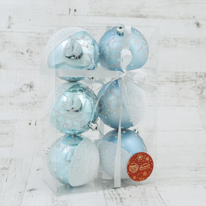 Набор шаров пластик d-8 см, 6 шт Набор шаров пластик d-8 см, 6 шт "Заснеженный лес" бело-голубой