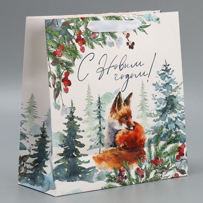 Пакет подарочный новогодний ламинированный квадратный Forest, 30 х 30 х 12 см, Новый год
