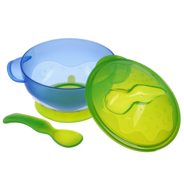 Набор для кормления: миска на присоске с крышкой, ложка, цвет голубой Набор для кормления: миска на присоске с крышкой, ложка, цвет голубой