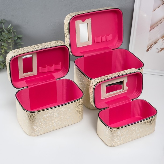 Шкатулка кожзам с зеркалом Шкатулка кожзам с зеркалом "Узоры, бабочки" беж н-р 3 шт 19х10,5х10,5 21х13х14 15х23х17см