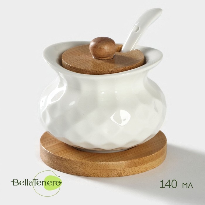 Сахарница фарфоровая с ложкой на бамбуковой подставке BellaTenero, 140 мл, цвет белый Сахарница фарфоровая с ложкой на бамбуковой подставке BellaTenero, 140 мл, цвет белый