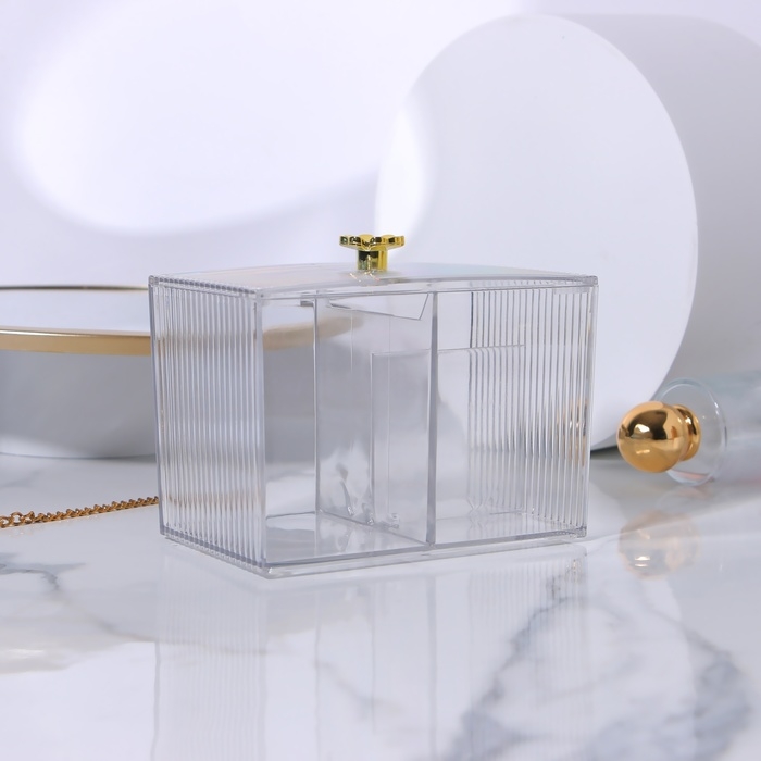 Органайзер для ватных палочек и дисков &laquo;FLOWER&raquo;, с крышкой, 3 секции, 14 &times; 9 &times; 10,5 см, цвет прозрачный/золотистый