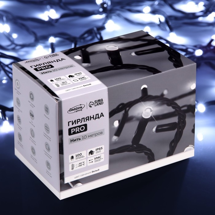 Гирлянда «Нить» 10 м, IP65, УМС, тёмная каучуковая нить, 100 LED, свечение белое, мерцание, 220 В