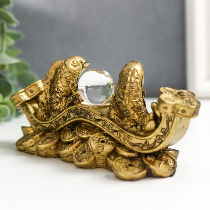 Нэцке полистоун под бронзу Нэцке полистоун под бронзу "2 карпа на жезле Жуи с кристаллом" 5х4,5х12,5 см