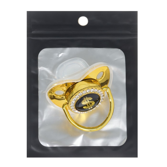 Соска - пустышка силиконовая ортодонтическая «Доллар», от 12 мес., с колпачком, цвет золотой/черный, стразы Соска - пустышка силиконовая ортодонтическая «Доллар», от 12 мес., с колпачком, цвет золотой/черный, стразы