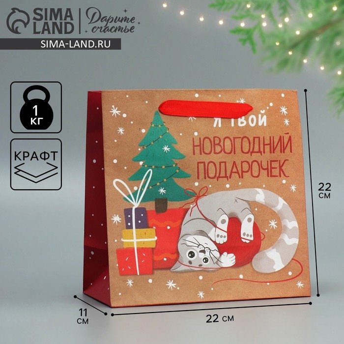 Пакет подарочный новогодний крафтовый квадратный «Подарочек», 22 х 22 х 11 см, Новый год Пакет подарочный новогодний крафтовый квадратный «Подарочек», 22 х 22 х 11 см, Новый год