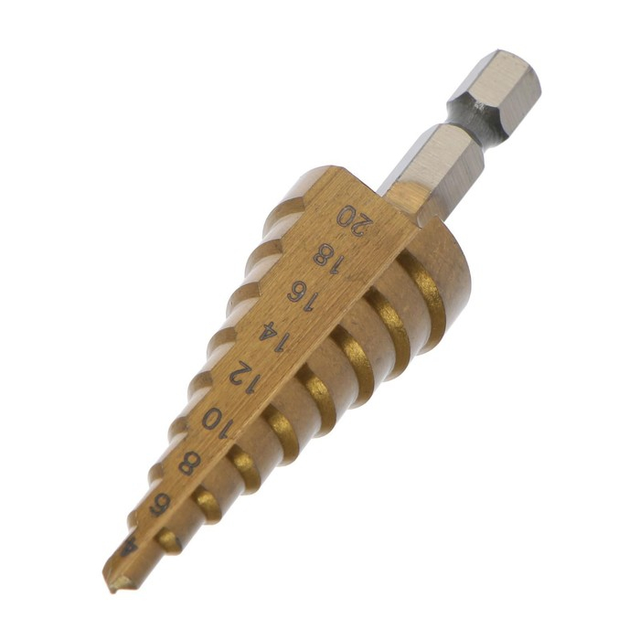 Сверло ступенчатое ТУНДРА, HSS, TiN, шестигранный хвостовик, 4 - 20 мм Сверло ступенчатое ТУНДРА, HSS, TiN, шестигранный хвостовик, 4 - 20 мм