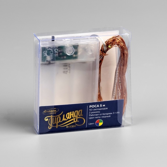 Гирлянда «Нить» 5 м роса, IP20, медная нить, 50 LED, свечение мульти, 2 режима, AAх3 Гирлянда «Нить» 5 м роса, IP20, медная нить, 50 LED, свечение мульти, 2 режима, AAх3