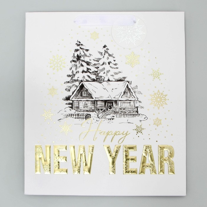 Пакет подарочный новогодний ламинированный вертикальный, конгревное тиснение «Новогодний домик», ML 23 х 27 х 11.5 см, Новый год Пакет подарочный новогодний ламинированный вертикальный, конгревное тиснение «Новогодний домик», ML 23 х 27 х 11.5 см, Новый год