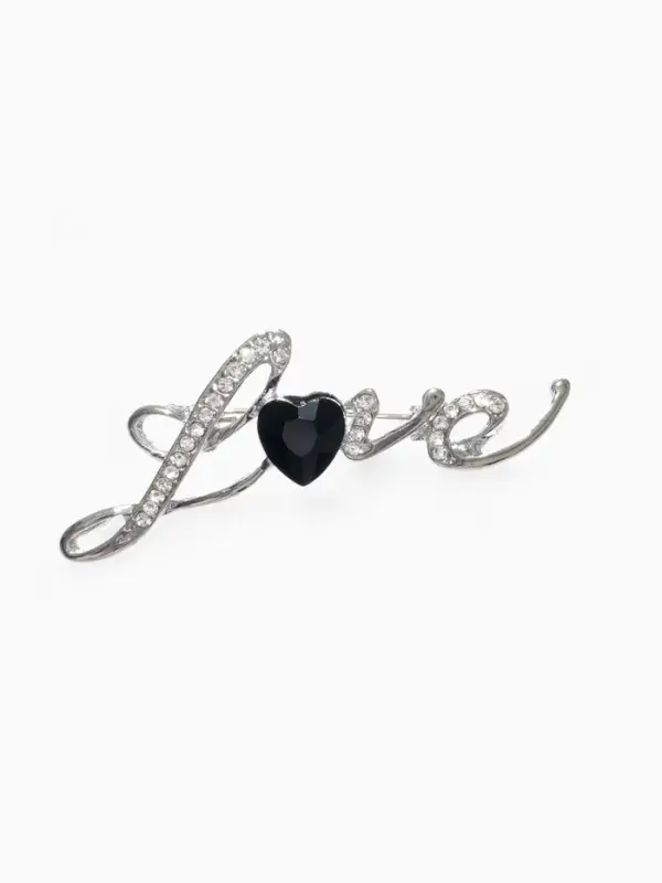 Брошь Love, чёрно-белая в серебре