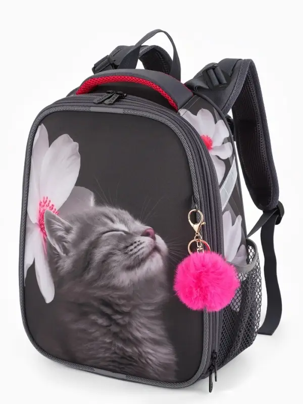 Рюкзак школьный для девочки &laquo;Котёнок с цветочком&raquo;, Stavia, эргономичная спинка, 30&times;16&times;38 см, серый