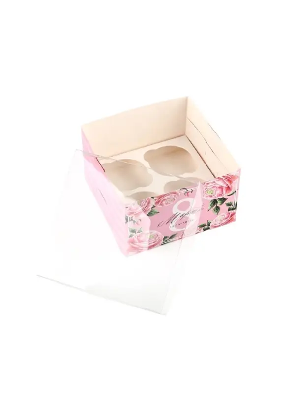 Коробка для капкейков, кондитерская упаковка, 4 ячейки &laquo;Поздравляю с 8 марта&raquo;, 16&times;16&times;10 см