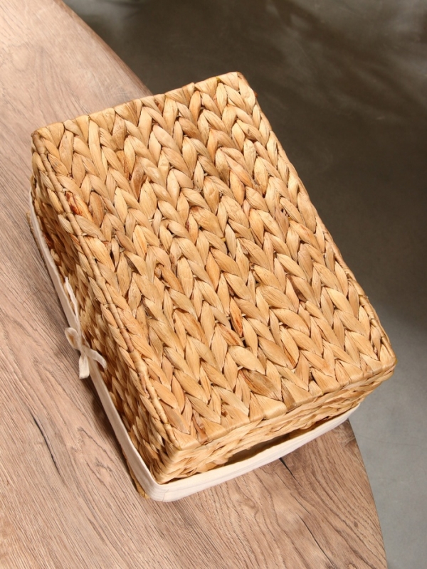 Корзинка прямоугольная с крышкой и тканевым подкладом, 33х22х14 см, водный гиацинт