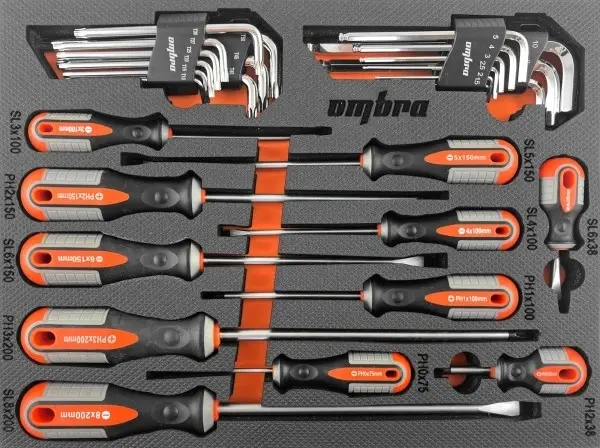 Набор отверток стержневых ROUND GRIP и торцевых ключей в EVA ложементе 280х375 мм, 29 предметов, Omb