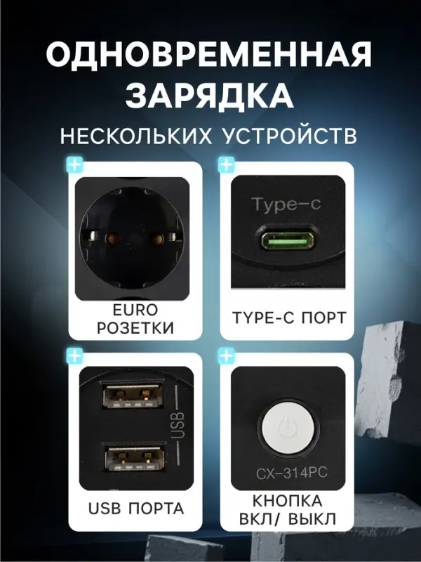 Удлинитель сетевой, 4 розетки, 2 м, 1300 Вт, 3&times;0.75 мм2, 2 USB-A, USB-C, 2.1 А, с заземлением, с выключателем