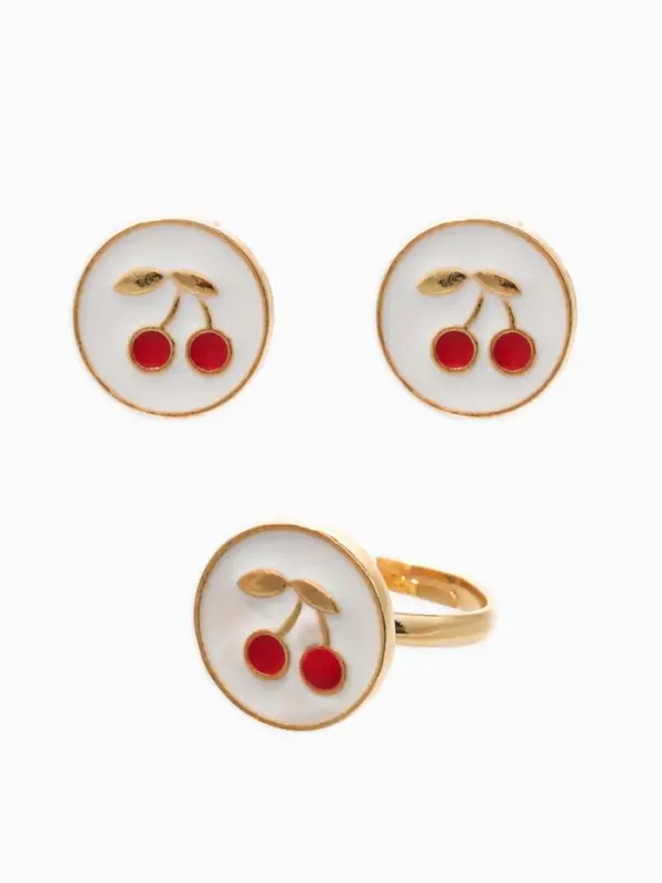 Набор детский &laquo;Выбражулька. Вишня&raquo;, 3 предмета: кулон, кольцо, серьги, белый, красный в золоте