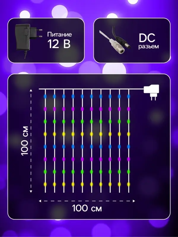 Гирлянда &laquo;Занавес&raquo; 1&times;1 м, роса, IP20, серебристая нить, 100 LED, свечение мульти, 12 В
