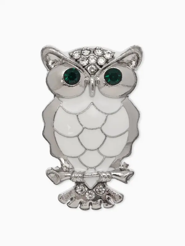 Брошь &laquo;Сова&raquo;, зелёная, белый в серебре
