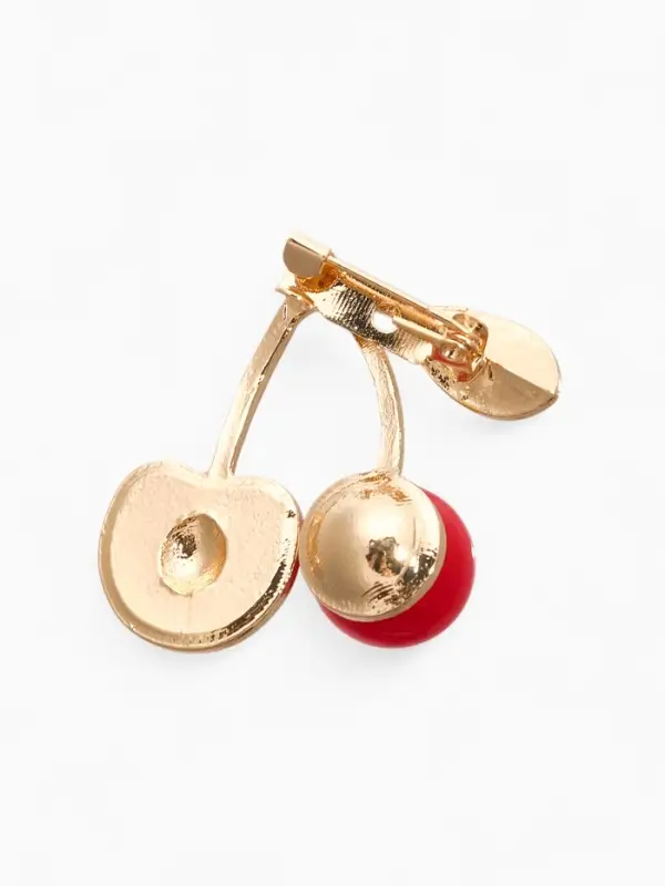 Брошь "Вишня с косточкой", цвет красно-зелёный в золоте