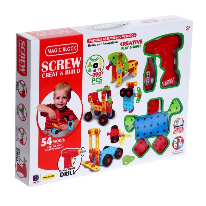 Конструктор в чемодане «Объёмная мозаика», с электрическим шуруповертом, 54 модели, 292 детали Конструктор в чемодане «Объёмная мозаика», с электрическим шуруповертом, 54 модели, 292 детали