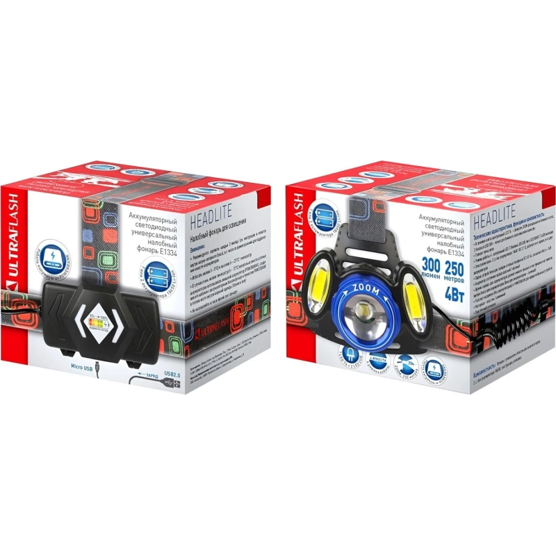 Фонарь налобный Ultraflash E1334 (акк.3,7В,3LED,4В