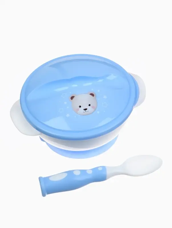 Тарелка на присоске из силикона M&B &laquo;Сладкий малыш&raquo;, в наборе крышка, ложка, голубой