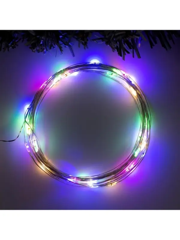 Гирлянда &laquo;Нить&raquo; 5 м роса, IP20, серебристая нить, 50 LED, 2 режима, батарейки AAх3 (нет в комплекте), свечение мульти