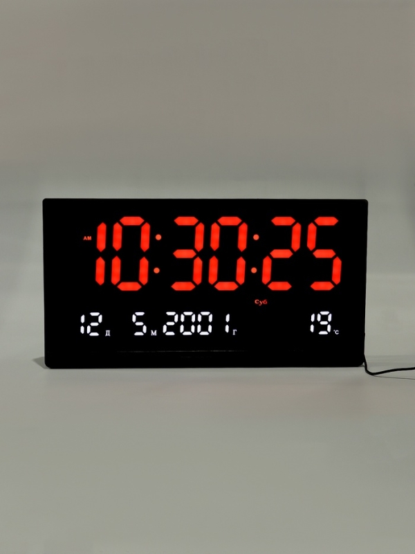 Часы электронные настенные, календарь термометр, 47.5 х 25.3 см, красные цифры 10.8 х 5.3 см   10766