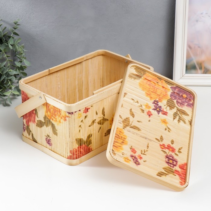 Шкатулка бамбук Шкатулка бамбук "Сад с пионами" прямоугольная, с ручками 16х18х28 см